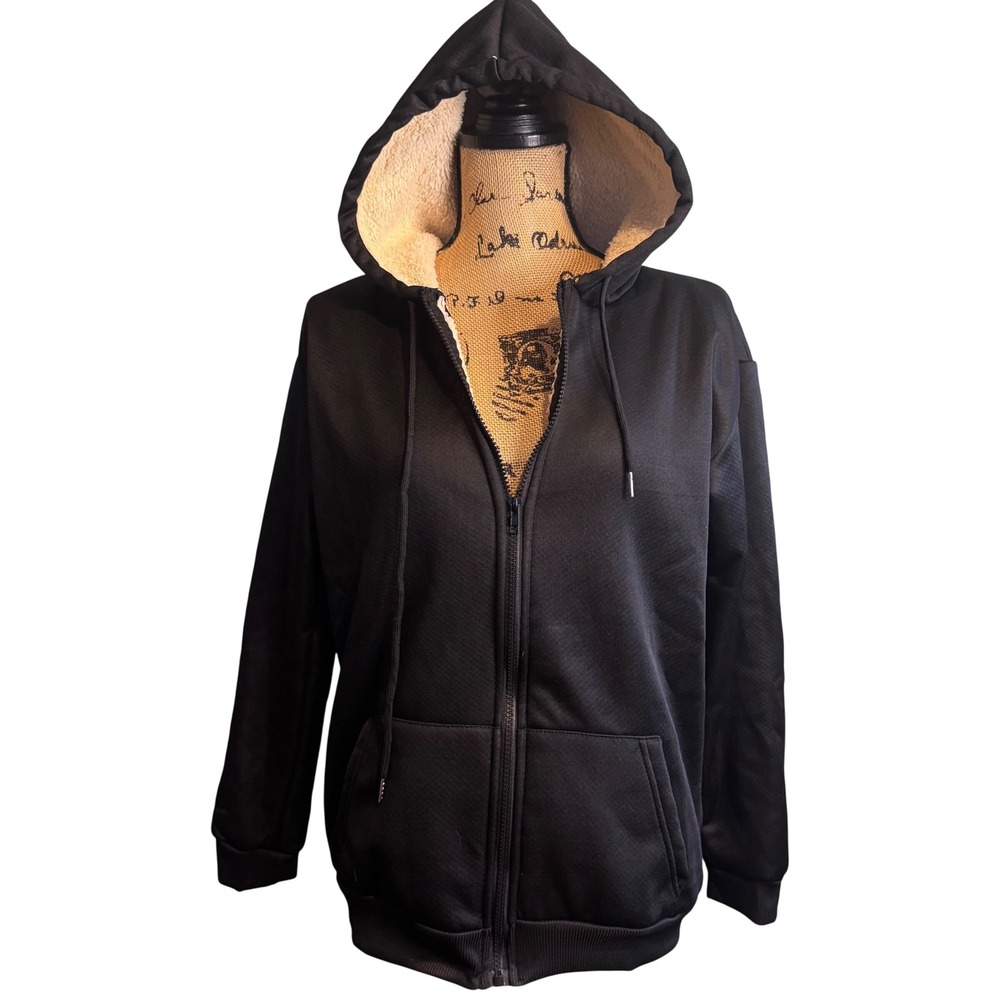 NWOT Women Winter Warm Comfy Outdoor Faux Sherpa Lined Zip Jacket Size M/L Black